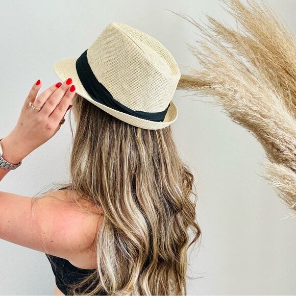 VINTAGE NORDSTROM Cream Tan Straw Wide Visor Brim Black Ribbon Fedora Sun Hat - Picture 3 of 8